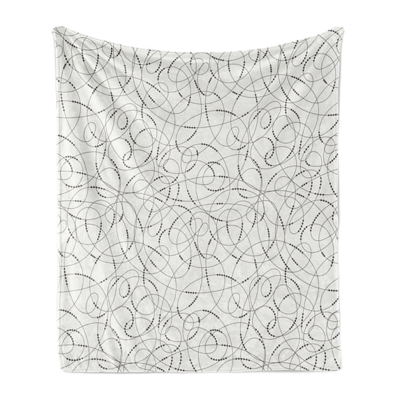Abstract Soft Flannel Fleece Blanket, Contrasting Swirling Lines Strung with Bead Forms Dotted Curves Composition, Cozy Plush for Indoor and Outdoor Use, 70" x 90", Black and Coconut, by Ambesonne