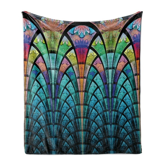 Abstract Soft Flannel Fleece Blanket, Curves Pattern with Weathered Colors and Blue Ombre Detail Graphic Floral Motifs, Cozy Plush for Indoor and Outdoor Use, 50" x 70", Multicolor, by Ambesonne