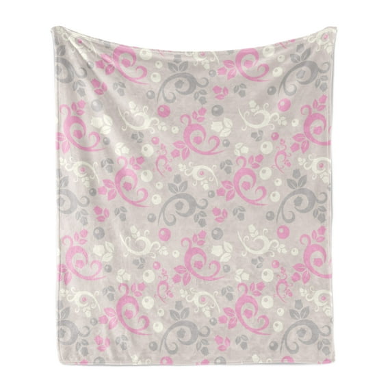 Abstract Soft Flannel Fleece Blanket, Curvy Twigs with Blossom Flowers in Pastel Colors Illustration Print, Cozy Plush for Indoor and Outdoor Use, 60" x 80", Pale Tan and Baby Pink, by Ambesonne