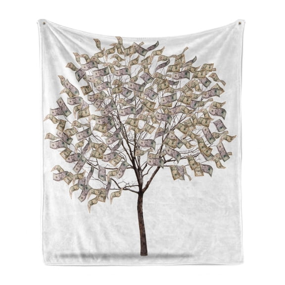 Abstract Soft Flannel Fleece Blanket, Digitally Generated Surreal Riches Tree with Money Shape Leaves on Plain Backdrop, Cozy Plush for Indoor and Outdoor Use, 50" x 70", Multicolor, by Ambesonne