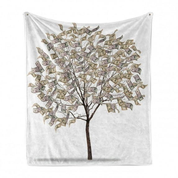 Abstract Soft Flannel Fleece Blanket, Digitally Generated Surreal Riches Tree with Money Shape Leaves on Plain Backdrop, Cozy Plush for Indoor and Outdoor Use, 60" x 80", Multicolor, by Ambesonne