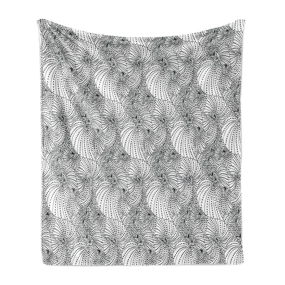 Abstract Soft Flannel Fleece Blanket, Doodle Style Hypnotic Lines Complex Design Overlapping Curvy Forms with Dots, Cozy Plush for Indoor and Outdoor Use, 50" x 60", Black and White, by Ambesonne