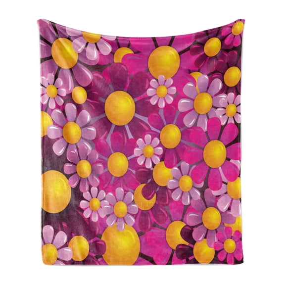 Abstract Soft Flannel Fleece Blanket, Flowers Cartoon Summer Garden Happy Cheering Flourish Vibrant Display, Cozy Plush for Indoor and Outdoor Use, 50" x 70", Hot Pink Lilac Orange, by Ambesonne