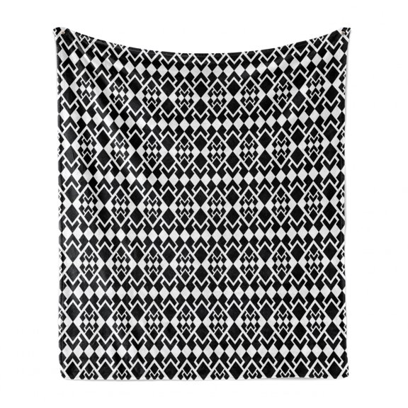 Abstract Soft Flannel Fleece Blanket, Geometric Inspirations with Rhombuses and Triangle Shapes Monochrome Illustration, Cozy Plush for Indoor and Outdoor Use, 50" x 70", Black White, by Ambesonne