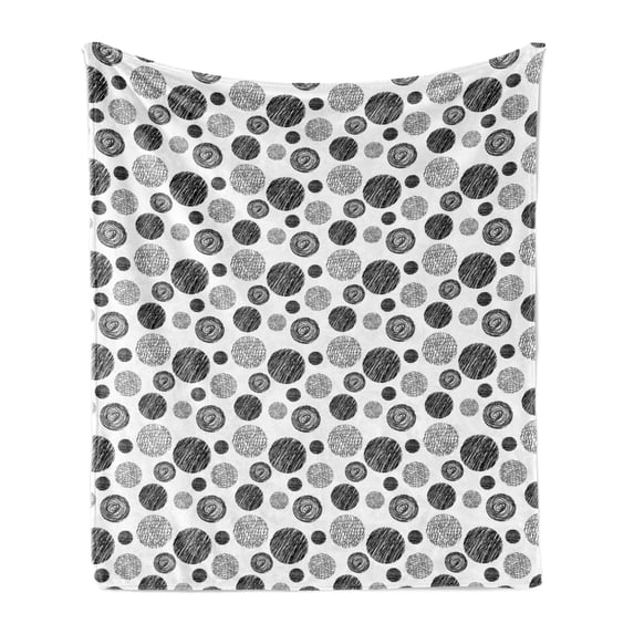 Abstract Soft Flannel Fleece Blanket, Hand Drawn Circular Doodle Lines Dots Swirls Pattern Monochrome Simplistic Design, Cozy Plush for Indoor and Outdoor Use, 60" x 80", Black White, by Ambesonne