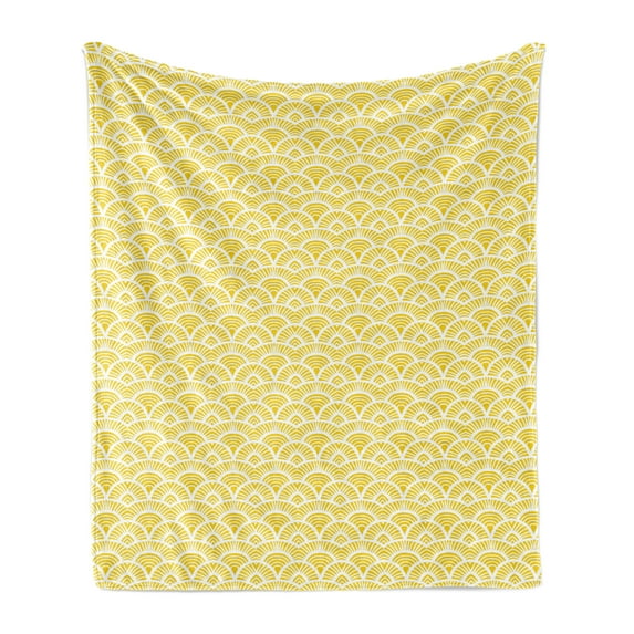 Abstract Soft Flannel Fleece Blanket, Hand Drawn Vintage Half Circles Sun Themed Bohemian Ornamental Vibrant Pattern, Cozy Plush for Indoor and Outdoor Use, 60" x 80", Yellow White, by Ambesonne