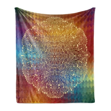 Abstract Soft Flannel Fleece Blanket, Highly Detailed Floral Oriental Pattern on Geometric Colorful Background Artwork, Cozy Plush for Indoor and Outdoor Use, 50" x 60", Multicolor, by Ambesonne