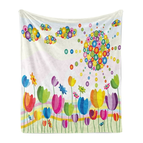 Abstract Soft Flannel Fleece Blanket, Abstract Illustration of Flowers Sun and Clouds Summertime Park Sunny Day Joyful, Cozy Plush for Indoor and Outdoor Use, 60" x 80", Multicolor, by Ambesonne