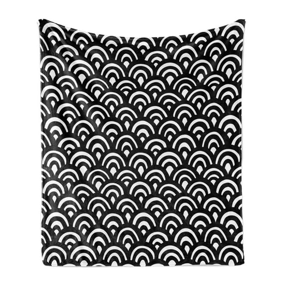 Abstract Soft Flannel Fleece Blanket, Japanese Wave Seigaiha Style Rhythmic Simplistic Doodle Design Print, Cozy Plush for Indoor and Outdoor Use, 50" x 70", Charcoal Grey and White, by Ambesonne