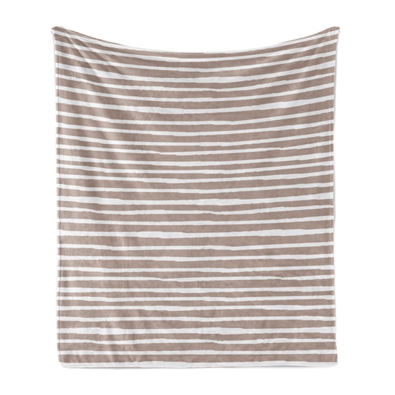 Abstract Soft Flannel Fleece Blanket, Minimalist Horizontal Brushstroke Stripes Hand Drawn Lines Contemporary, Cozy Plush for Indoor and Outdoor Use, 70" x 90", Warm Taupe and White, by Ambesonne