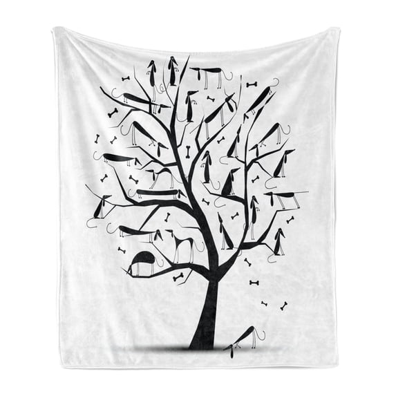 Abstract Soft Flannel Fleece Blanket, Monochrome Autumn Season Tree with Dog Silhouettes on the Branches Dachshund, Cozy Plush for Indoor and Outdoor Use, 70" x 90", Black and White, by Ambesonne