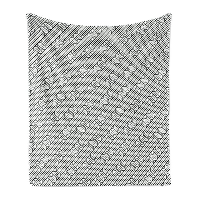 Abstract Soft Flannel Fleece Blanket, Monochrome Classic Curved Line Bands with Diagonal Swirls Optic Effects Graphic, Cozy Plush for Indoor and Outdoor Use, 70" x 90", Black White, by Ambesonne
