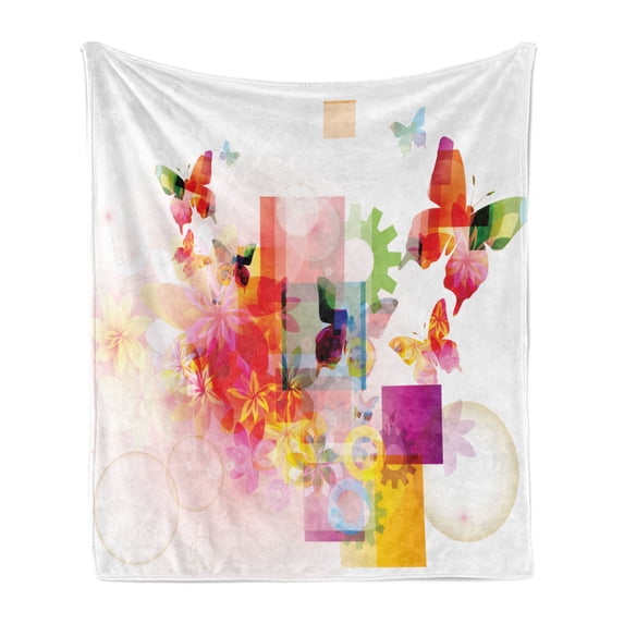 Abstract Soft Flannel Fleece Blanket, Natural Design with Flowers Leaves Squares Rounds Circles Artwork Image Art Print, Cozy Plush for Indoor and Outdoor Use, 70" x 90", Multicolor, by Ambesonne