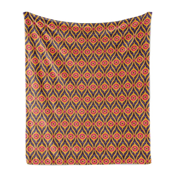 Abstract Soft Flannel Fleece Blanket, Oriental Inspired Colorful Tones Quirky Ornamental Motif Old Time Ornaments, Cozy Plush for Indoor and Outdoor Use, 60" x 80", Orange and Purple, by Ambesonne