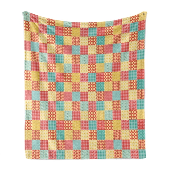 Abstract Soft Flannel Fleece Blanket, Patchwork Style Ornamental Hearts Flowers Dots Stripes Kitchen Design, Cozy Plush for Indoor and Outdoor Use, 60" x 80", Coral Yellow Mint Green, by Ambesonne