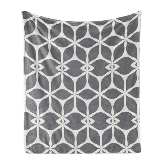 Abstract Soft Flannel Fleece Blanket, Pattern of Connected Floral Formations Stripes Retro Details Silhouettes, Cozy Plush for Indoor and Outdoor Use, 60" x 80", Grey Pale Eggshell, by Ambesonne