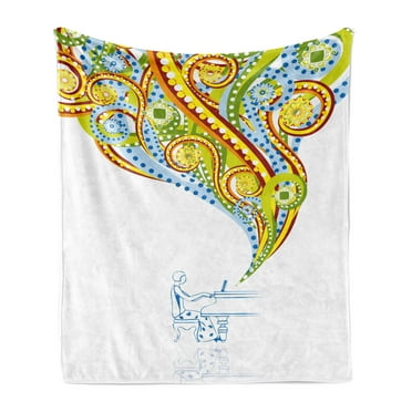 Abstract Soft Flannel Fleece Blanket, Pianist Performing Swirls Colorful Music Coming out of Piano Instrument Hand Drawn, Cozy Plush for Indoor and Outdoor Use, 70" x 90", Multicolor, by Ambesonne