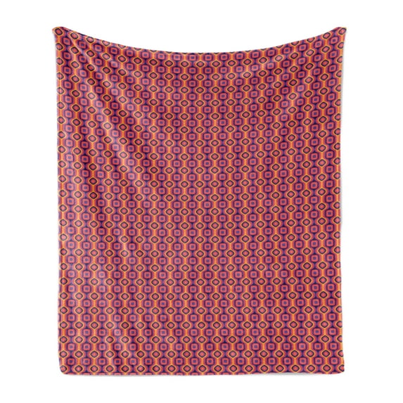 Abstract Soft Flannel Fleece Blanket, Print of Retro Geometric in Colorful Tones with Symmetric Squares and Ovals, Cozy Plush for Indoor and Outdoor Use, 50" x 60", Coral and Purple, by Ambesonne