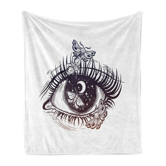 Abstract Soft Flannel Fleece Blanket, Psychedelic Woman Eye with Butterfly Starry Moon Night Sky Surreal Tattoo, Cozy Plush for Indoor and Outdoor Use, 60" x 80", Dark Purple White, by Ambesonne