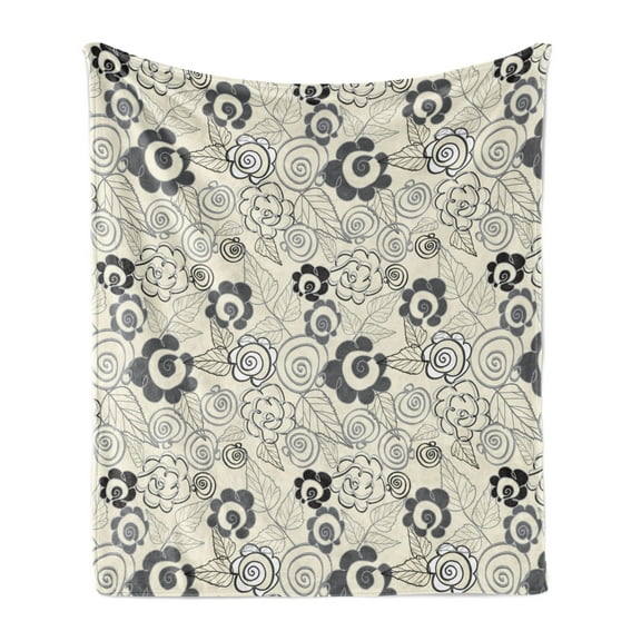 Abstract Soft Flannel Fleece Blanket, Repeated Pattern Illustration of Floral Shapes with Leaves Art Print, Cozy Plush for Indoor and Outdoor Use, 50" x 70", Eggshell and Purpleblue, by Ambesonne