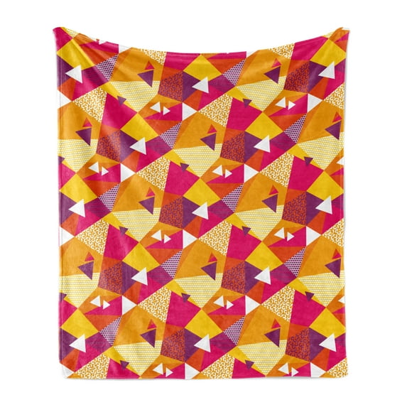 Abstract Soft Flannel Fleece Blanket, Repetitive 90's Style Design Triangles Stripes Dots Geometric Illustration Print, Cozy Plush for Indoor and Outdoor Use, 50" x 70", Multicolor, by Ambesonne