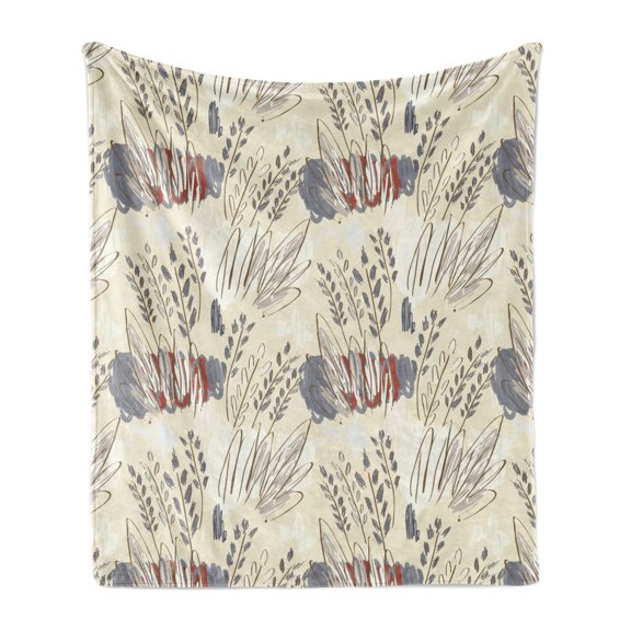 Abstract Soft Flannel Fleece Blanket, Repetitive Scribble Design of Winter Style Leaves Elements Illustration, Cozy Plush for Indoor and Outdoor Use, 50" x 70", Eggshell Multicolor, by Ambesonne