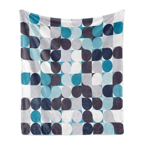 Abstract Soft Flannel Fleece Blanket, Retro Inner Circles Pattern with Squares Mosaic Style Old Fashion Print, Cozy Plush for Indoor and Outdoor Use, 70" x 90", Brown Grey Teal White, by Ambesonne