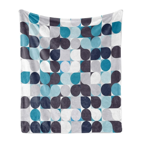 Abstract Soft Flannel Fleece Blanket, Retro Inner Circles Pattern with Squares Mosaic Style Old Fashion Print, Cozy Plush for Indoor and Outdoor Use, 70" x 90", Brown Grey Teal White, by Ambesonne