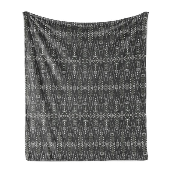 Abstract Soft Flannel Fleece Blanket, Rhythmic African Style Ethnic Motif and Lines Arrangement Illustration Print, Cozy Plush for Indoor and Outdoor Use, 70" x 90", Dark Grey White, by Ambesonne