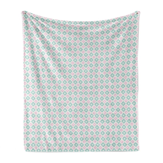 Abstract Soft Flannel Fleece Blanket, Soft Toned Geometric Diamond Shapes with Inner Lines Contemporary Retro, Cozy Plush for Indoor and Outdoor Use, 70" x 90", Mint Green Pale Pink, by Ambesonne