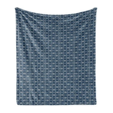 Abstract Soft Flannel Fleece Blanket, Traditional Rhombus Pattern Composed of Concentric Squares and Stripes, Cozy Plush for Indoor and Outdoor Use, 50" x 60", Night Blue Pale Grey, by Ambesonne
