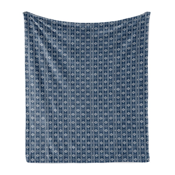 Abstract Soft Flannel Fleece Blanket, Traditional Rhombus Pattern Composed of Concentric Squares and Stripes, Cozy Plush for Indoor and Outdoor Use, 50" x 60", Night Blue Pale Grey, by Ambesonne