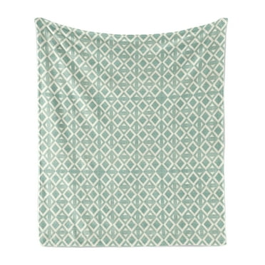 Abstract Soft Flannel Fleece Blanket, Triangles and Rhombuses Retro Style Arrangement Geometric Composition, Cozy Plush for Indoor and Outdoor Use, 70" x 90", Seafoam and Off White, by Ambesonne
