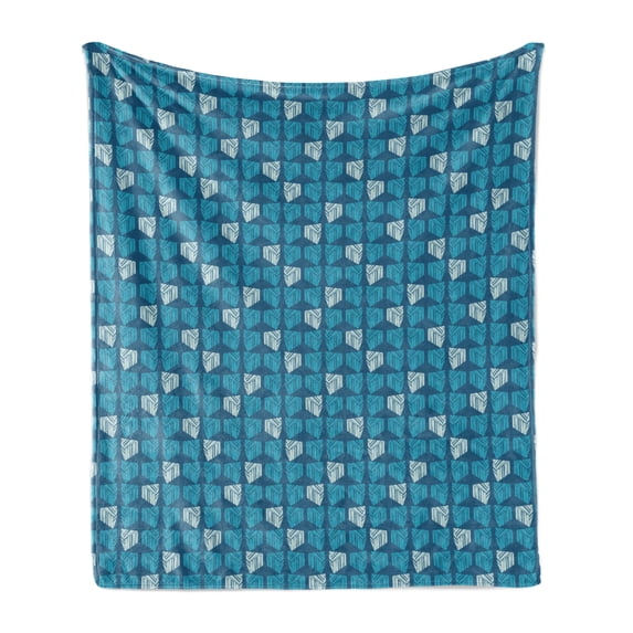 Abstract Soft Flannel Fleece Blanket, Triangular Silhouettes Geometric Motifs Cubes Scribble Design Hand Drawn Like, Cozy Plush for Indoor and Outdoor Use, 70" x 90", Turquoise Blue, by Ambesonne