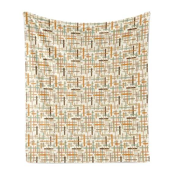 Abstract Soft Flannel Fleece Blanket, Vertical Horizontal Crossed Rounded Lines Geometric Colorful Pattern, Cozy Plush for Indoor and Outdoor Use, 50" x 60", Orange Pale Blue Brown, by Ambesonne