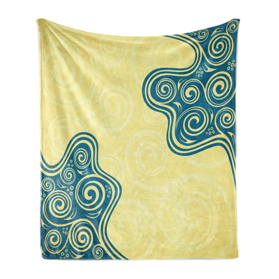 Abstract Soft Flannel Fleece Blanket, Vintage Style Floral Framework with Ornate Swirled Lines Spirals and Wavy Shapes, Cozy Plush for Indoor and Outdoor Use, 70" x 90", Yellow Blue, by Ambesonne