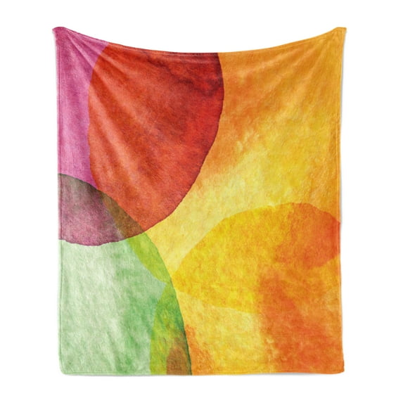 Abstract Soft Flannel Fleece Blanket, Abstract Watercolor Painted Paper Style in Modern Art Design Print, Cozy Plush for Indoor and Outdoor Use, 70" x 90", Yellow Orange Lime Green, by Ambesonne