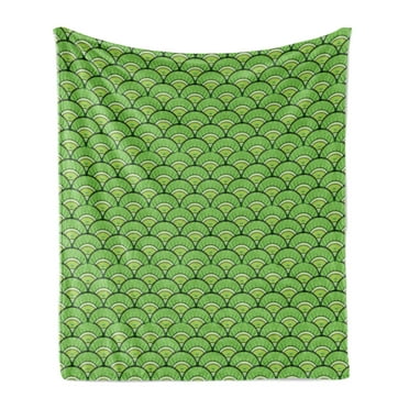 Abstract Soft Flannel Fleece Throw Blanket, Arching Round Blots and Vertical Stripes Retro Cultural Design, Cozy Plush for Indoor and Outdoor Use, 50" x 70", Apple Green and Lime Green, by Ambesonne