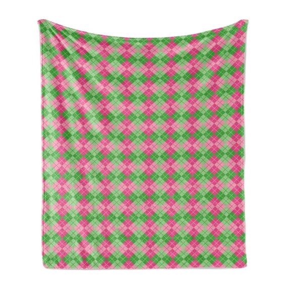 Abstract Soft Flannel Fleece Throw Blanket, Argyle Inspired Classic Print in Lively Tones, Cozy Plush for Indoor and Outdoor Use, 50" x 70", Pink Lime Green, by Ambesonne