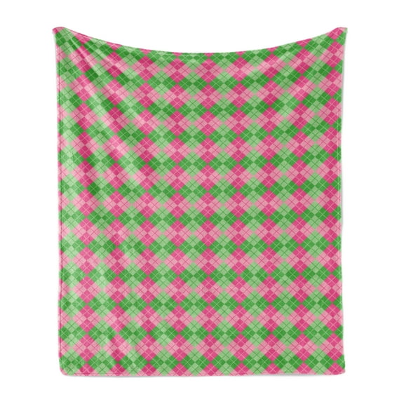Abstract Soft Flannel Fleece Throw Blanket, Argyle Inspired Classic Print in Lively Tones, Cozy Plush for Indoor and Outdoor Use, 60" x 80", Pink Lime Green, by Ambesonne