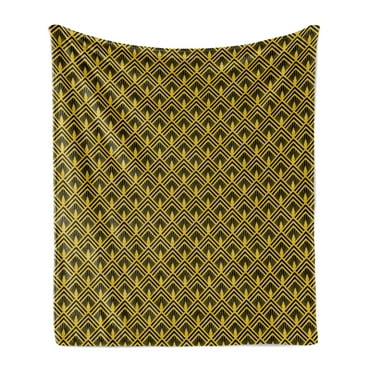 Abstract Soft Flannel Fleece Throw Blanket, Art Deco Inspired Pattern with Shells Vintage Geometric Simplicity, Cozy Plush for Indoor and Outdoor Use, 70" x 90", Yellow Charcoal Grey, by Ambesonne