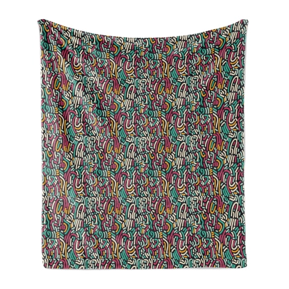 Abstract Soft Flannel Fleece Throw Blanket, Assorted Diagonal Horizontal Vertical Curvy Thick Separate Lines Ornament, Cozy Plush for Indoor and Outdoor Use, 70" x 90", Multicolor, by Ambesonne