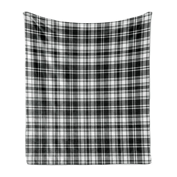 Abstract Soft Flannel Fleece Throw Blanket, British Tartan Celtic Pattern with Vertical Horizontal Symmetric Stripes Image, Cozy Plush for Indoor and Outdoor Use, 70" x 90", White Black, by Ambesonne