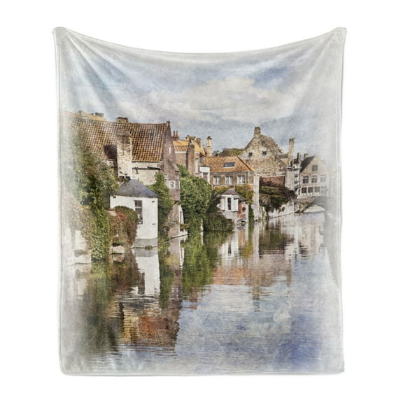 Abstract Soft Flannel Fleece Throw Blanket, Bruges Canal View Classic Gothic Architecture Building Watercolor Paint, Cozy Plush for Indoor and Outdoor Use, 70" x 90", Multicolor, by Ambesonne