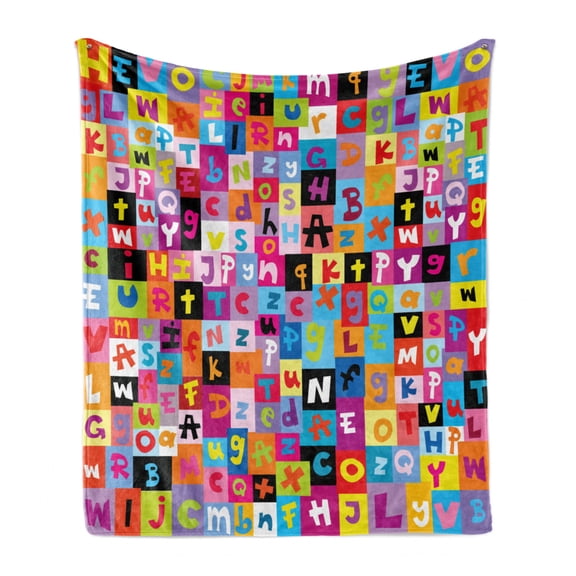Abstract Soft Flannel Fleece Throw Blanket, Colored Alphabet Letters Pattern Education School Puzzle Children Graphic Print, Cozy Plush for Indoor and Outdoor Use, 50" x 70", Multicolor, by Ambesonne