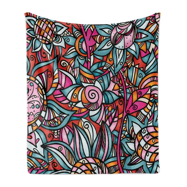 Abstract Soft Flannel Fleece Throw Blanket, Colorful Florals Sunflower Mosaic Curl Ornaments Stained Glass Inspired Design, Cozy Plush for Indoor and Outdoor Use, 50" x 70", Multicolor, by Ambesonne