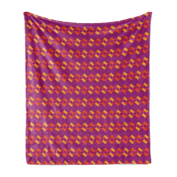 Abstract Soft Flannel Fleece Throw Blanket, Colorful Geometric Pattern with Hatched Squared Motif Print, Cozy Plush for Indoor and Outdoor Use, 50" x 70", Dark Magenta Multicolor, by Ambesonne