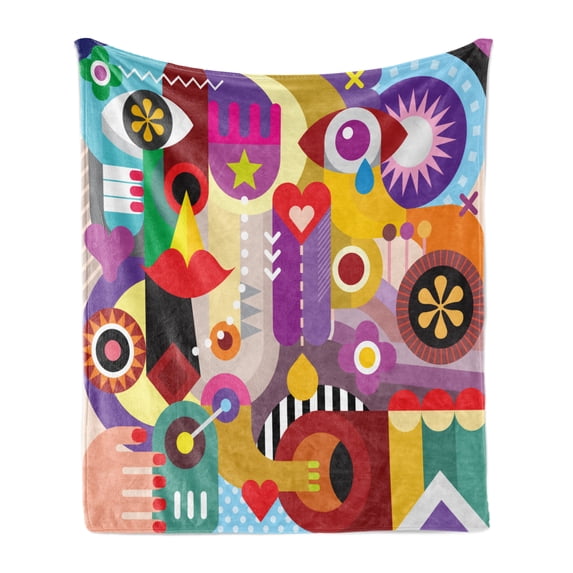 Abstract Soft Flannel Fleece Throw Blanket, Colorful Pop Art Abstraction Eye Flowers Heart Shaped Collage Illustration, Cozy Plush for Indoor and Outdoor Use, 70" x 90", Multicolor, by Ambesonne
