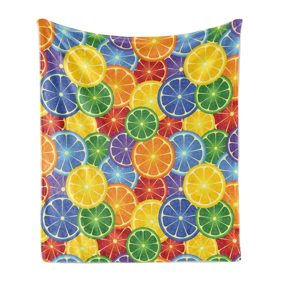 Abstract Soft Flannel Fleece Throw Blanket, Colorful Slices of Orange Tropical Fruit Rainbow Color Fun Design, Cozy Plush for Indoor and Outdoor Use, 70" x 90", Yellow Blue Green, by Ambesonne