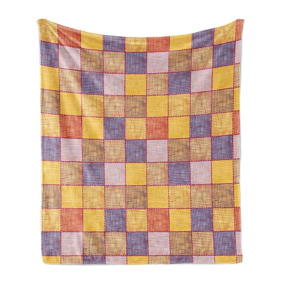 Abstract Soft Flannel Fleece Throw Blanket, Colorful Squares with Vertical Horizontal Stripes Overlapping Plaid Inspired, Cozy Plush for Indoor and Outdoor Use, 50" x 60", Multicolor, by Ambesonne